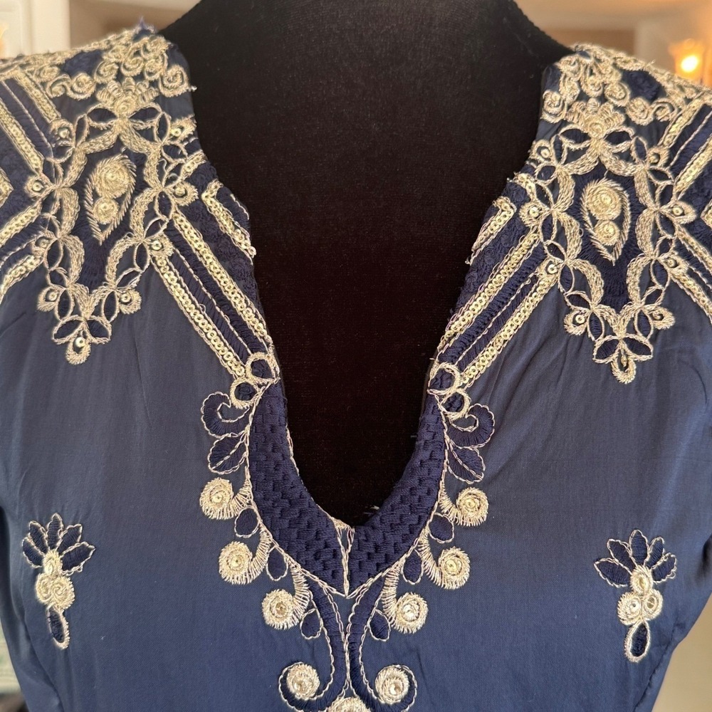 Custom Silk Navy Blue Embroidered High Low Midi Dress with Sequin Accents V-Neck - Picture 4 of 11